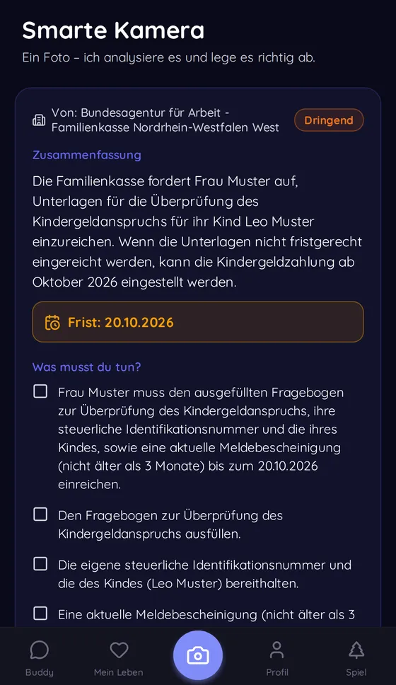 Buddi-App: Brief der Familienkasse, zusammengefasst, mit dem Hinweis Dringend, der Frist 20.10.2026 und einer Liste, was zu tun ist